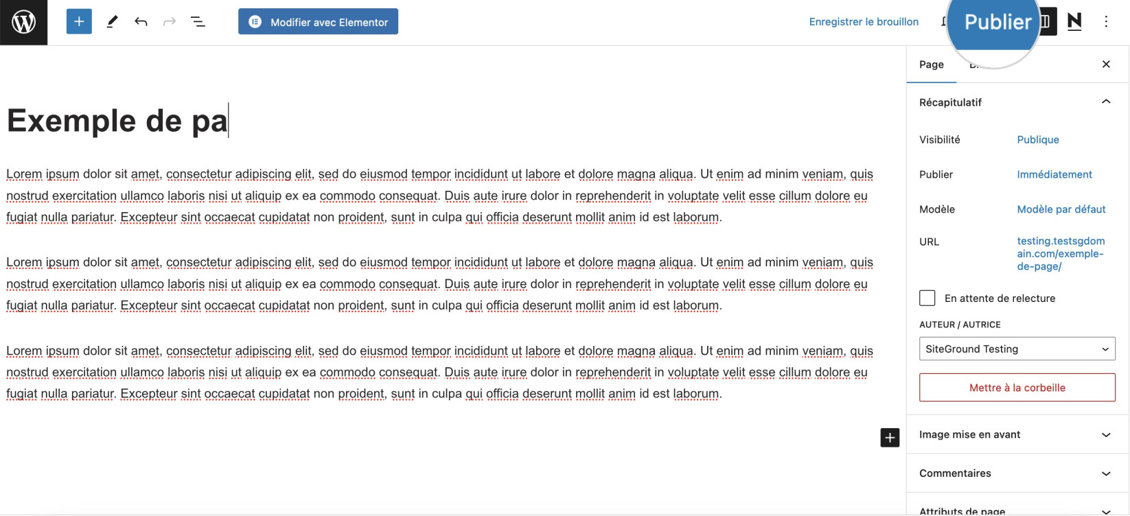 Capture d’écran montrant comment supprimer le titre de la page avec l’éditeur Gutenberg