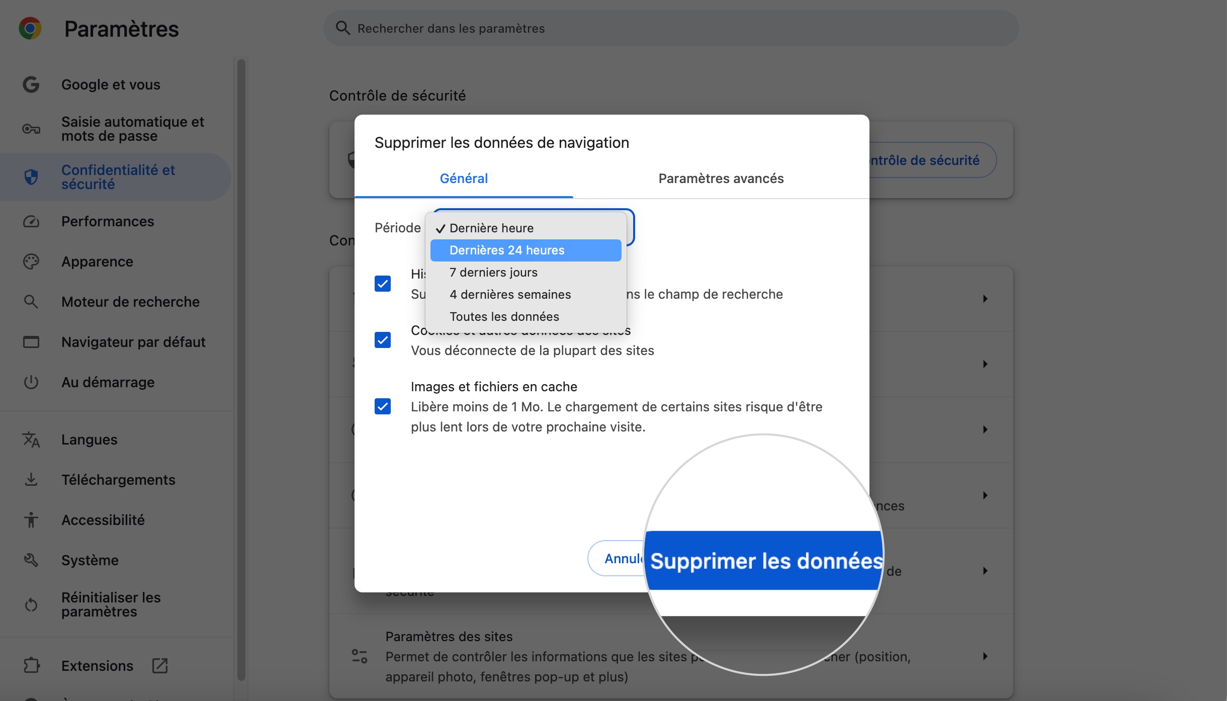 Définition d'une plage horaire et effacement de l'historique de navigation, des cookies et des images en cache dans Chrome