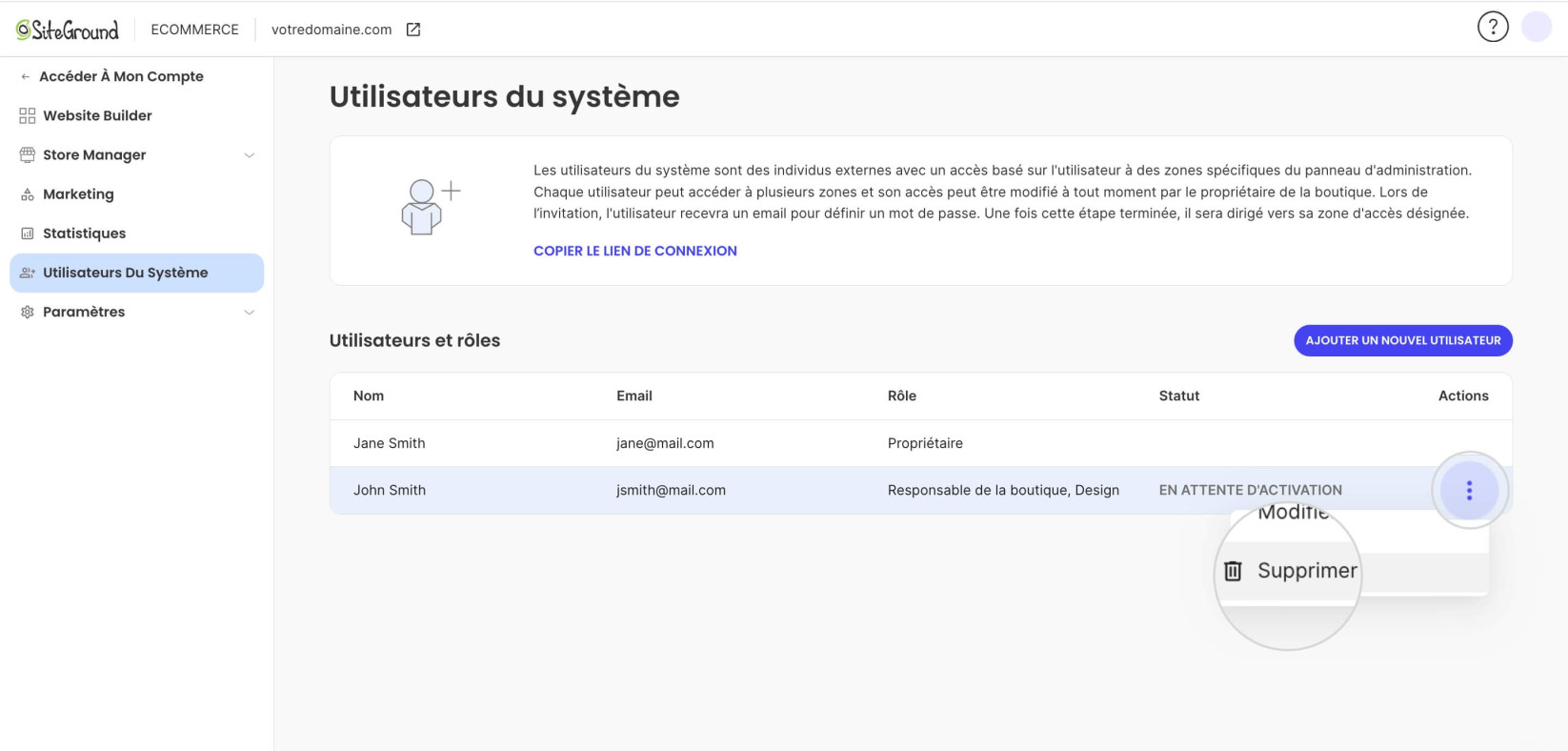 Section Utilisateurs du système affichant le bouton Supprimer du menu Actions pour un utilisateur unique 