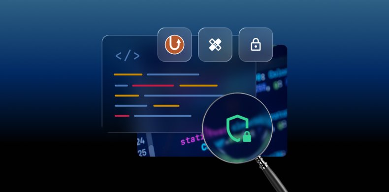 Illustration de sécurité SiteGround montrant du code, des icônes de plugins et un bouclier sous une loupe.