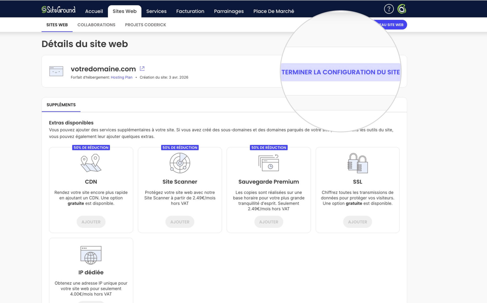 Section Sites Web dans l'Espace Client de SiteGround avec un bouton Terminer la configuration du site mis en évidence pour le site initial dans un nouveau plan d'hébergement