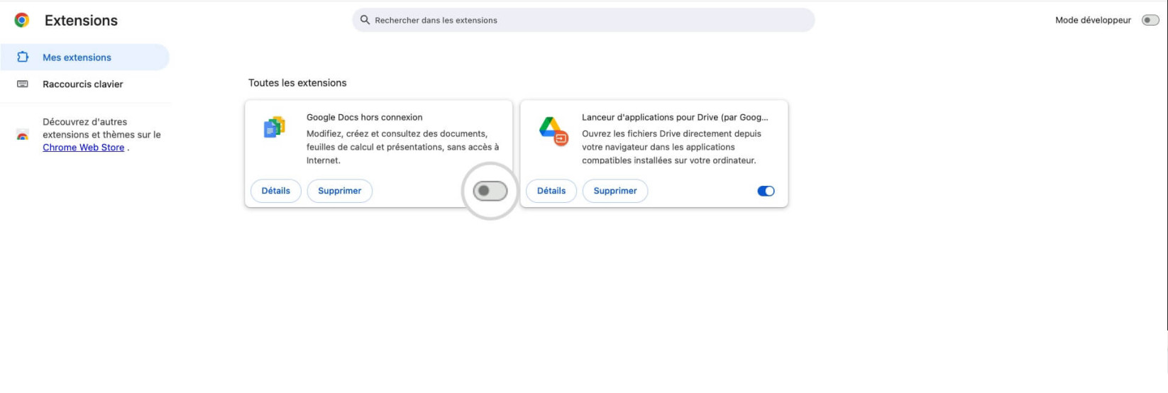 Désactiver les extensions dans Google Chrome