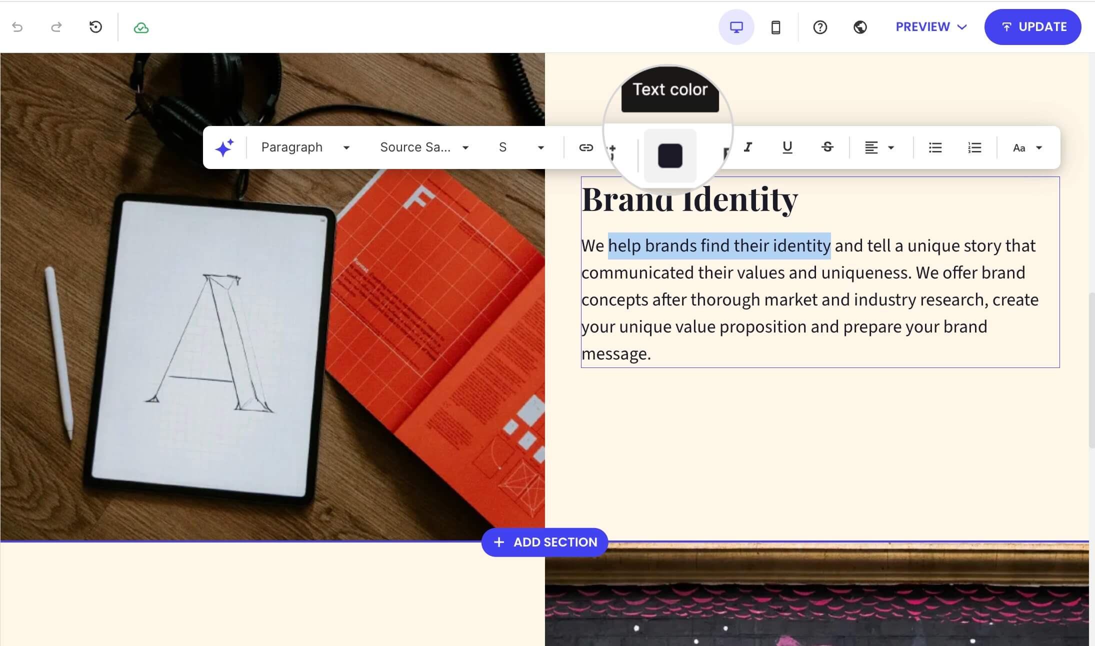 A toolbar for highlighted text on a web page with the Text Color box on focus