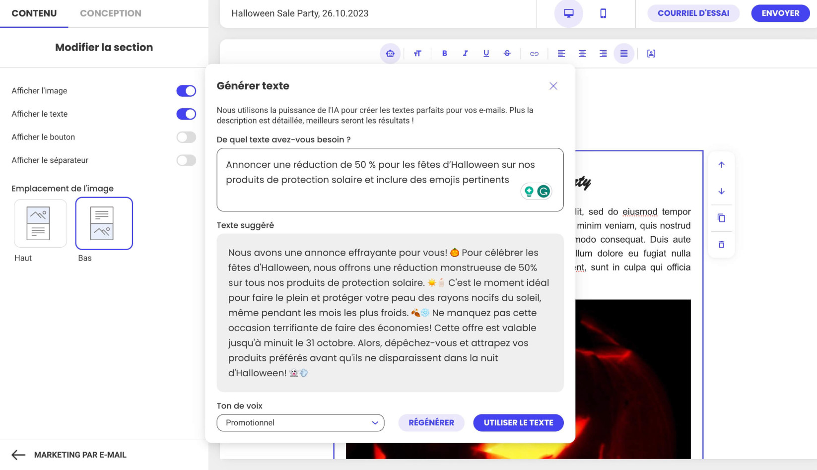 Capture d’écran montrant le texte généré par le générateur de texte d’IA dans SiteGround Email Marketing