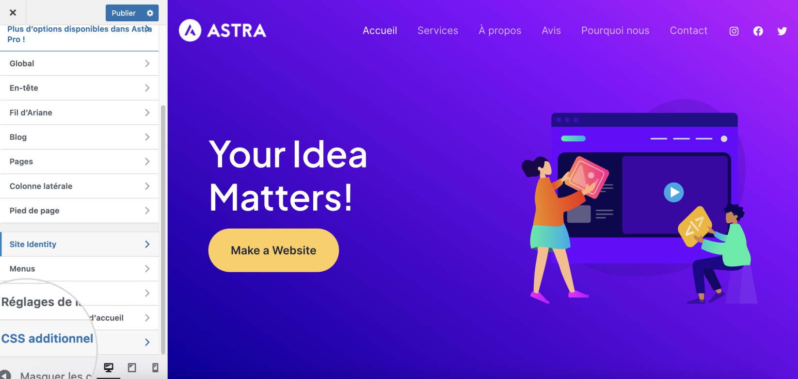 Capture d’écran de l’option CSS supplémentaire dans l’interface de personnalisation d’Astra