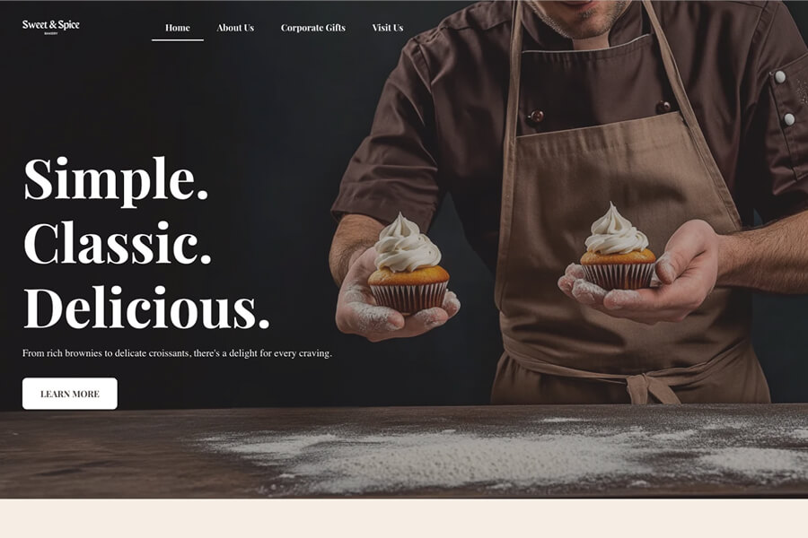 Bakery business website layout: Hero section for "Sweet & Spice Bakery" showing a chef holding cupcakes against a moody, dark background.