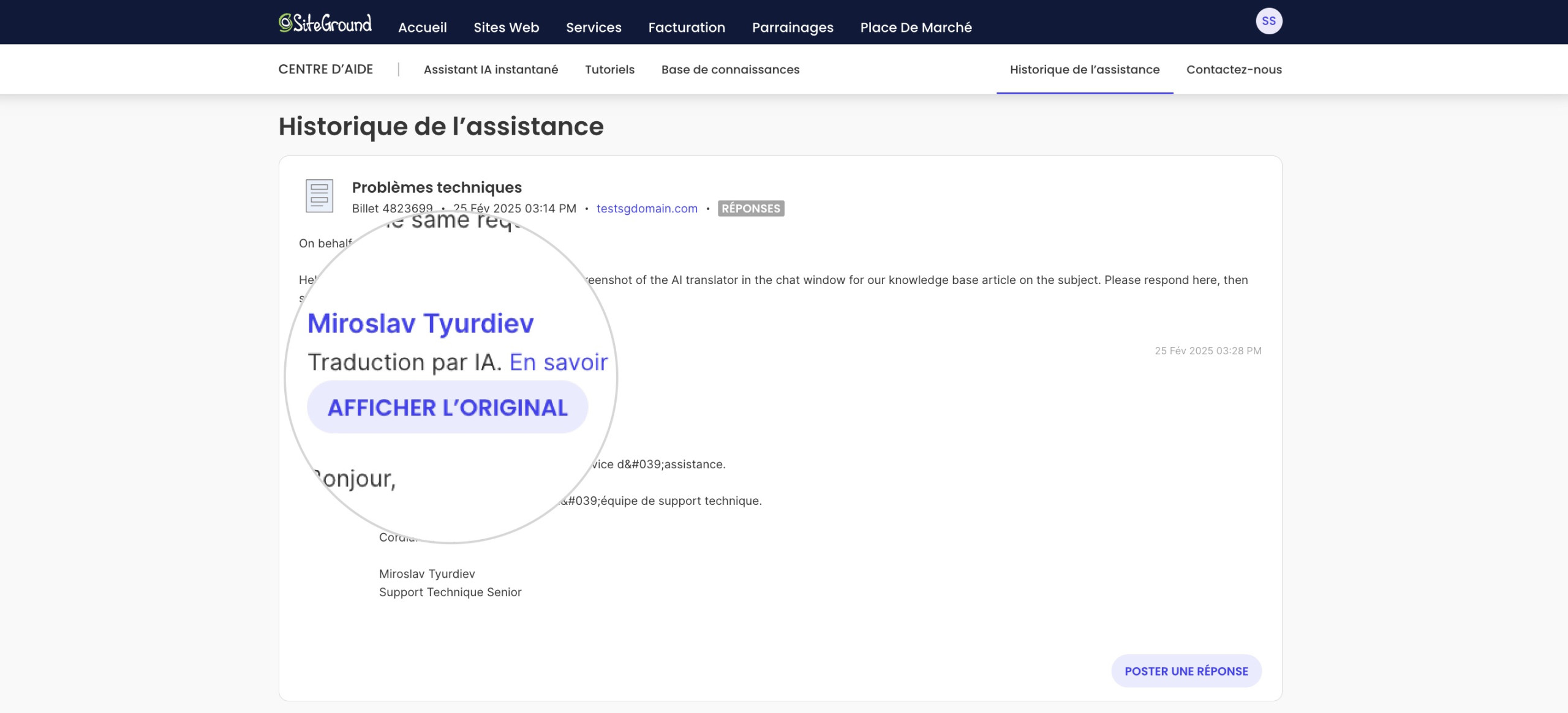 Capture d'écran de l'indicateur de traduction AI sur la page du ticket