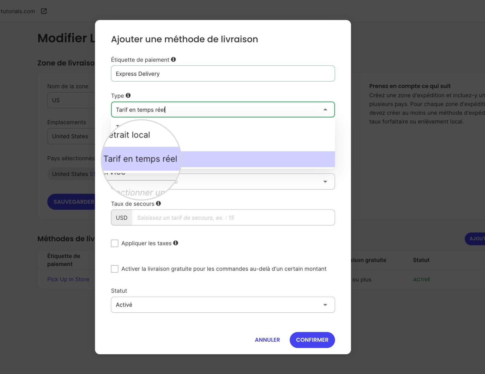 Une fenêtre pop-up où vous ajoutez une nouvelle méthode d'expédition montrant l'option Tarif en temps réel