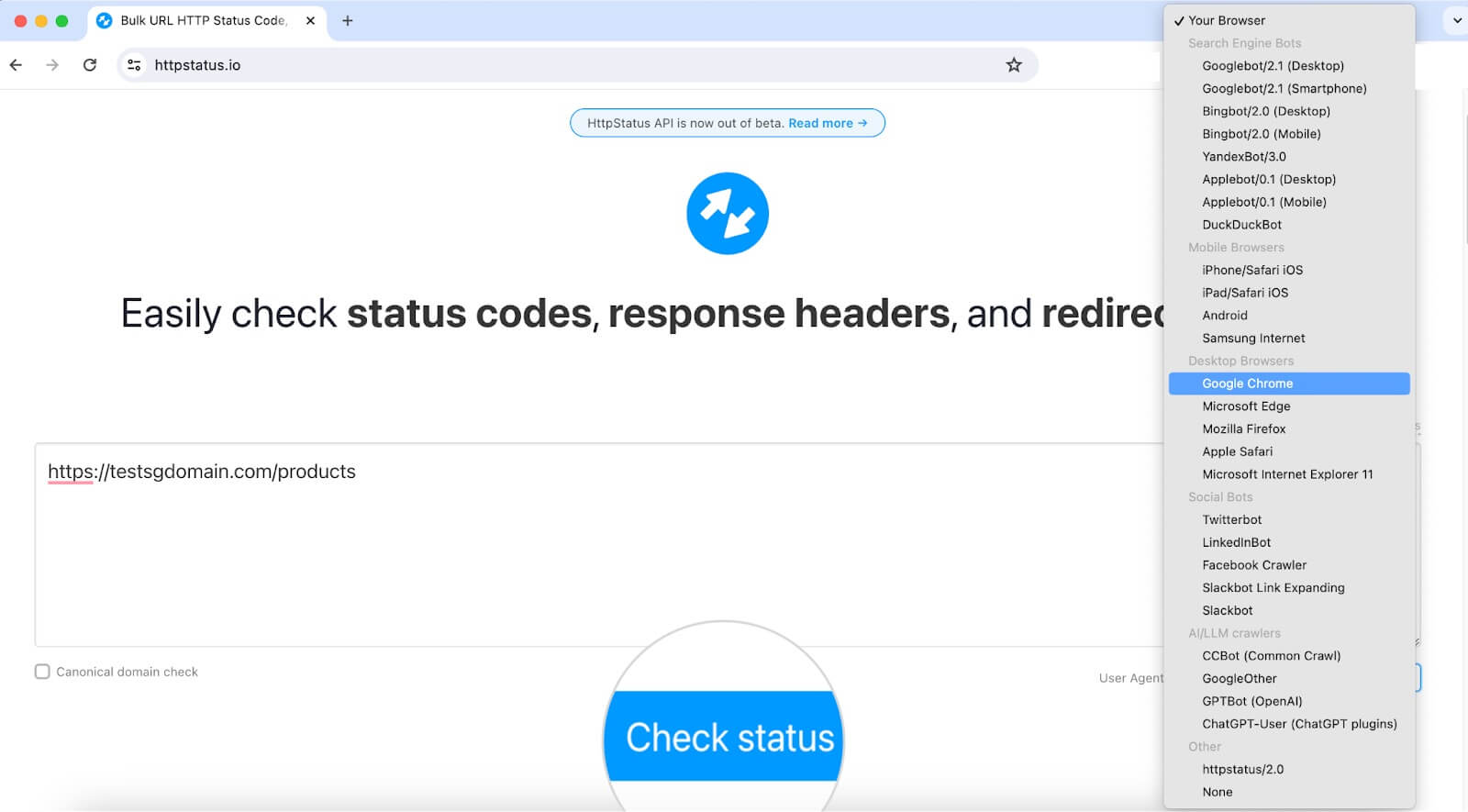 Illustration d'un outil de vérification de code d'état HTTP en action, affichant les codes de réponse pour les URL saisies.