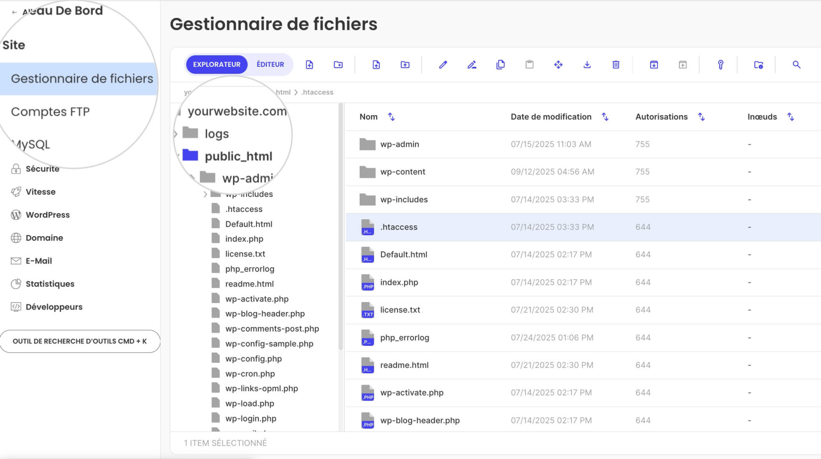 Gestionnaire de fichiers du site web affichant les fichiers du dossier racine