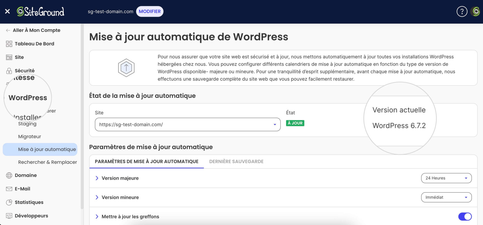 Capture d'écran des paramètres de mise à jour automatique de WordPress dans le tableau de bord Site Tools, où vous pouvez vérifier la version de WordPress pour garantir la prise en charge du format d'image AVIF.
