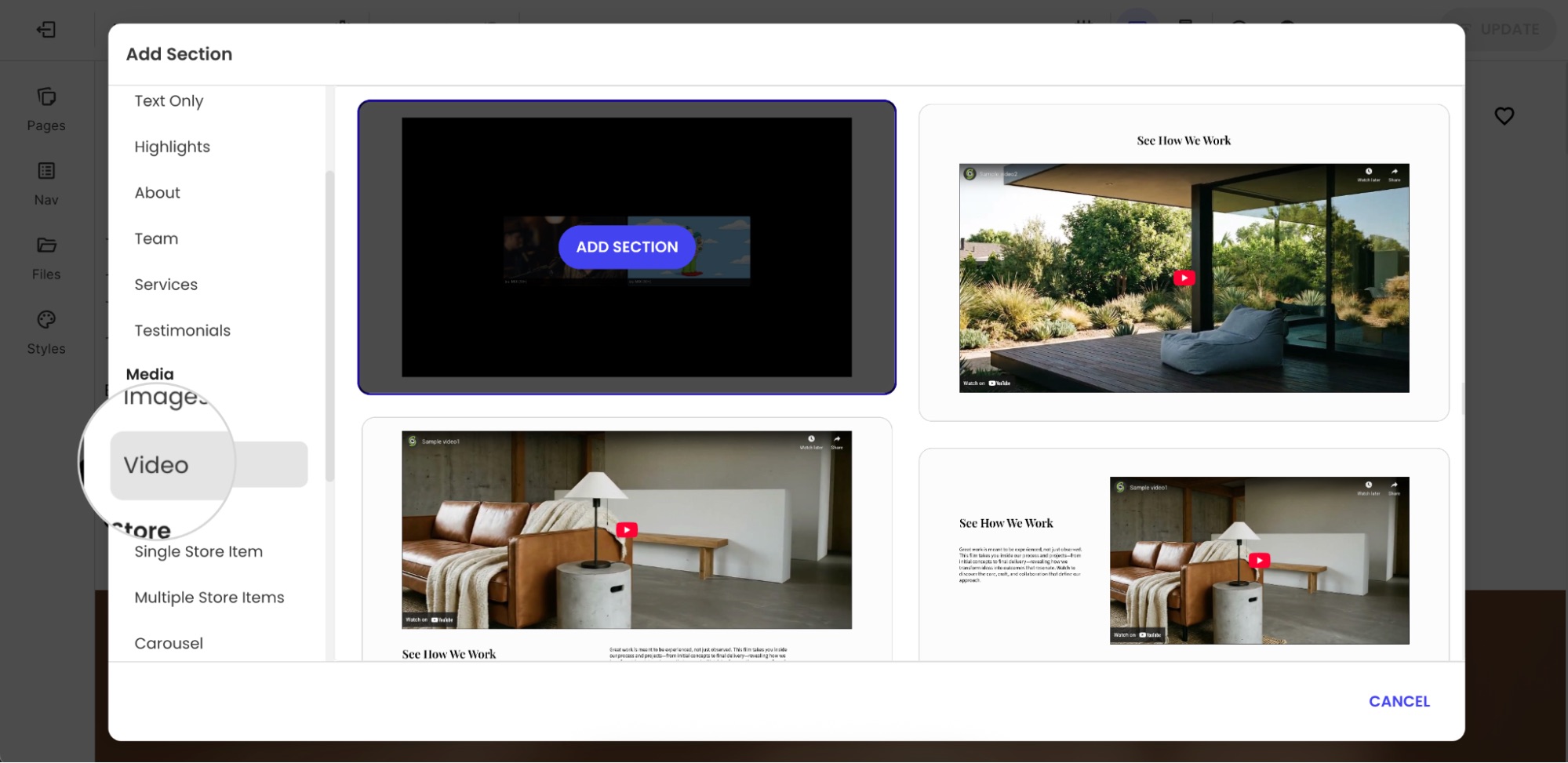 Add Section modal in Website Builder displaying available Video section layouts for embedding videos into a page