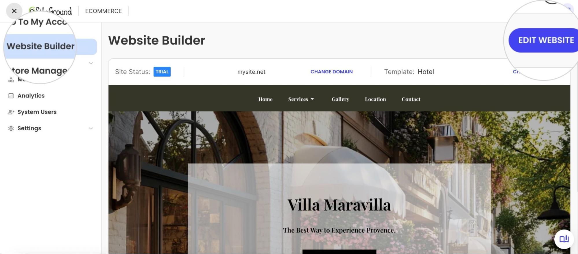 Main dashboard for the SiteGround Website Builder showing a "Hotel" template in trial status for mysite.net.
