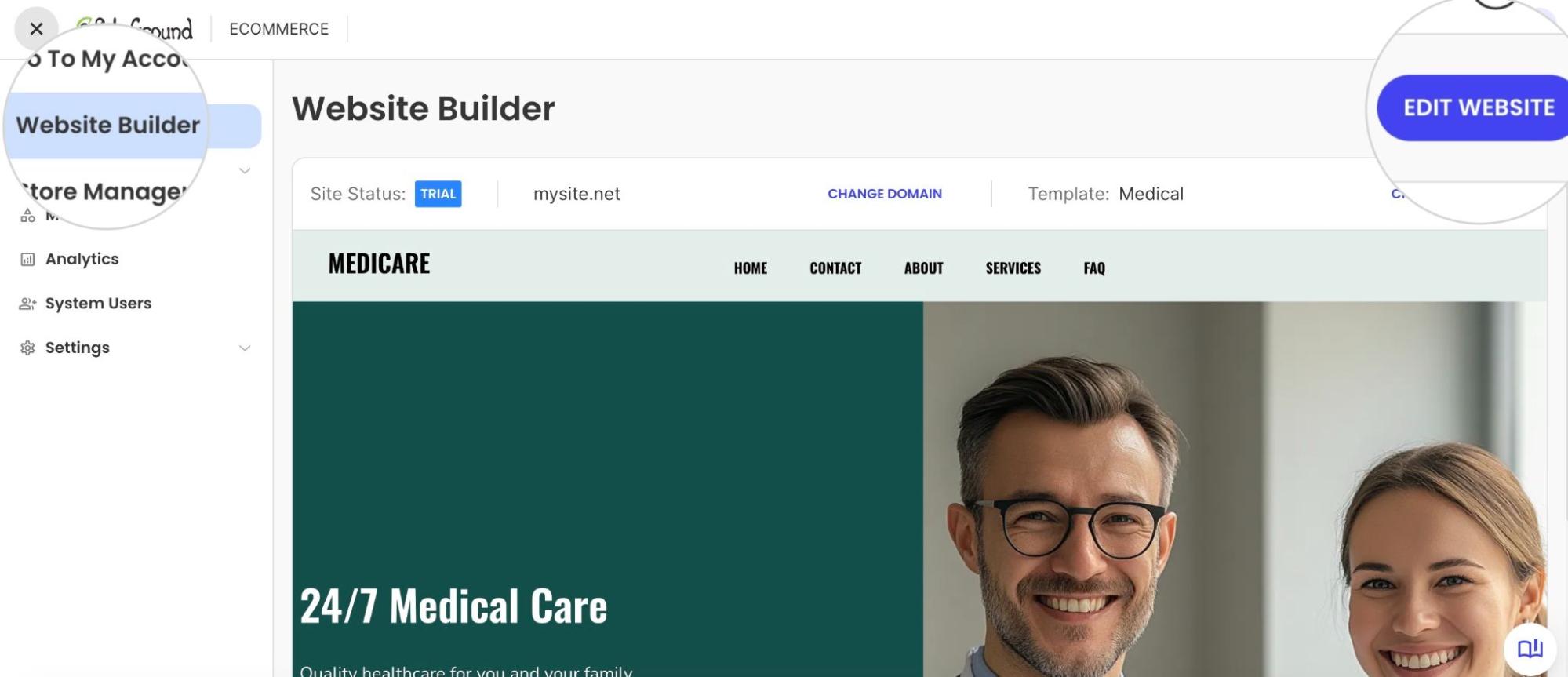Dashboard of the SiteGround Website Builder for "MEDICARE" showing a "Medical" template with an "EDIT WEBSITE" button.