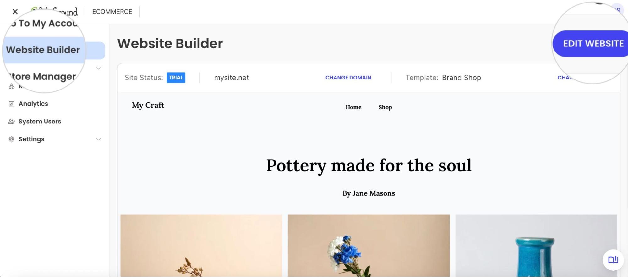 Dashboard of a website builder for a pottery shop titled "Pottery made for the soul" with an "EDIT WEBSITE" button.