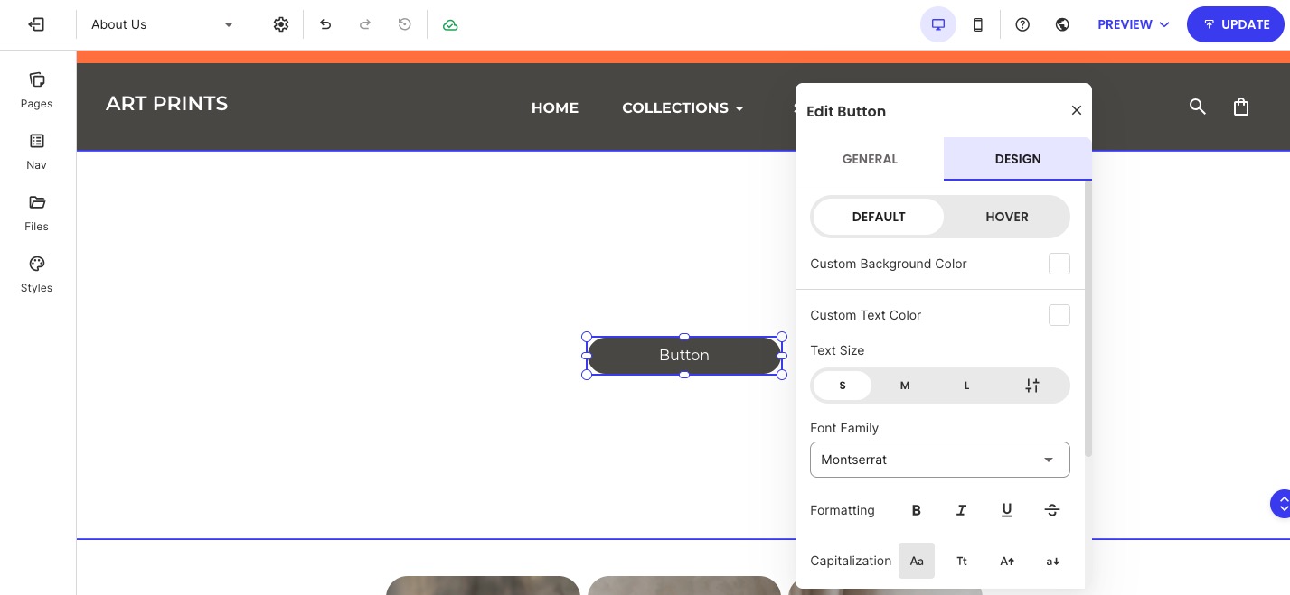 The design settings panel in a website builder for customizing button colors, text size, and font family.