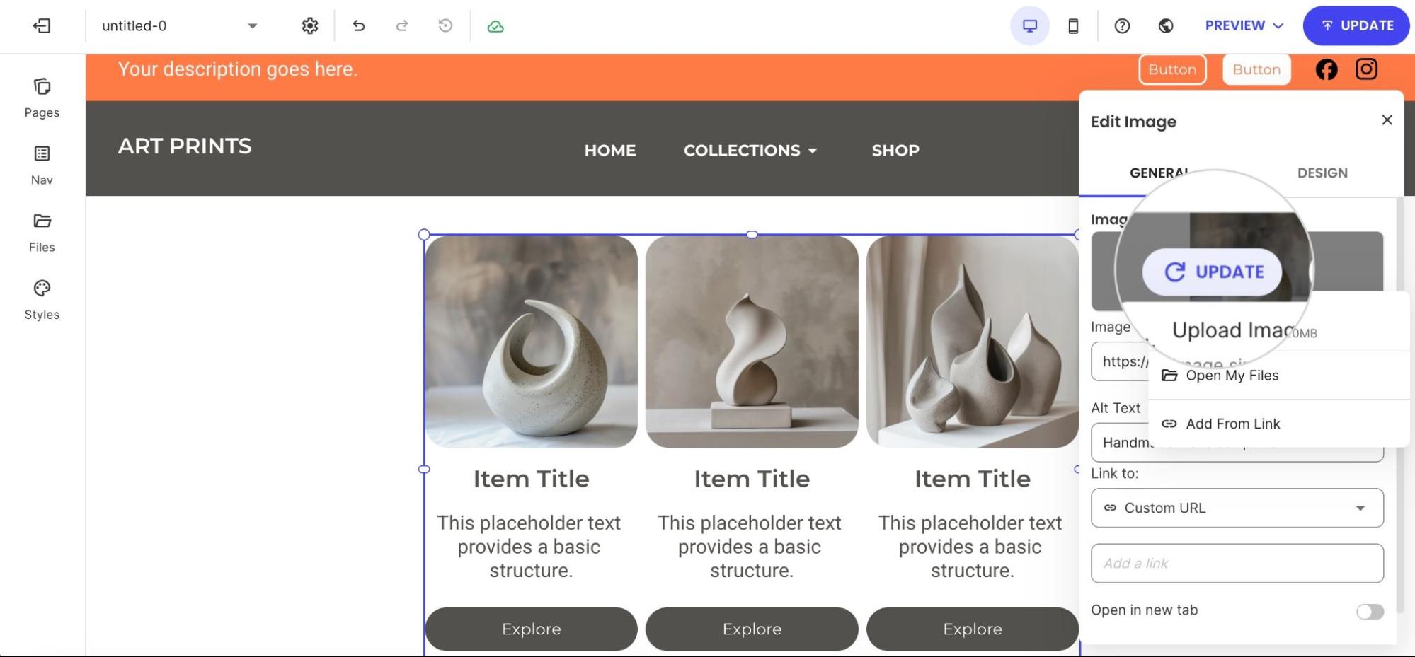 Screenshot of the Edit Image side panel in a website builder, showing the 'Update' button to confirm changes after replacing an image or editing its properties.