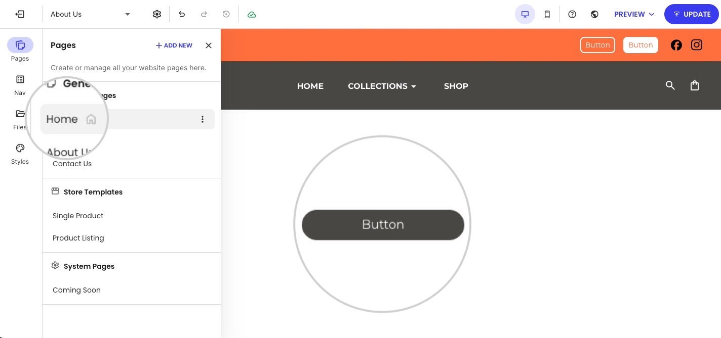Sidebar menu in a website builder showing options to manage Home, About, Contact Us, and Store pages.