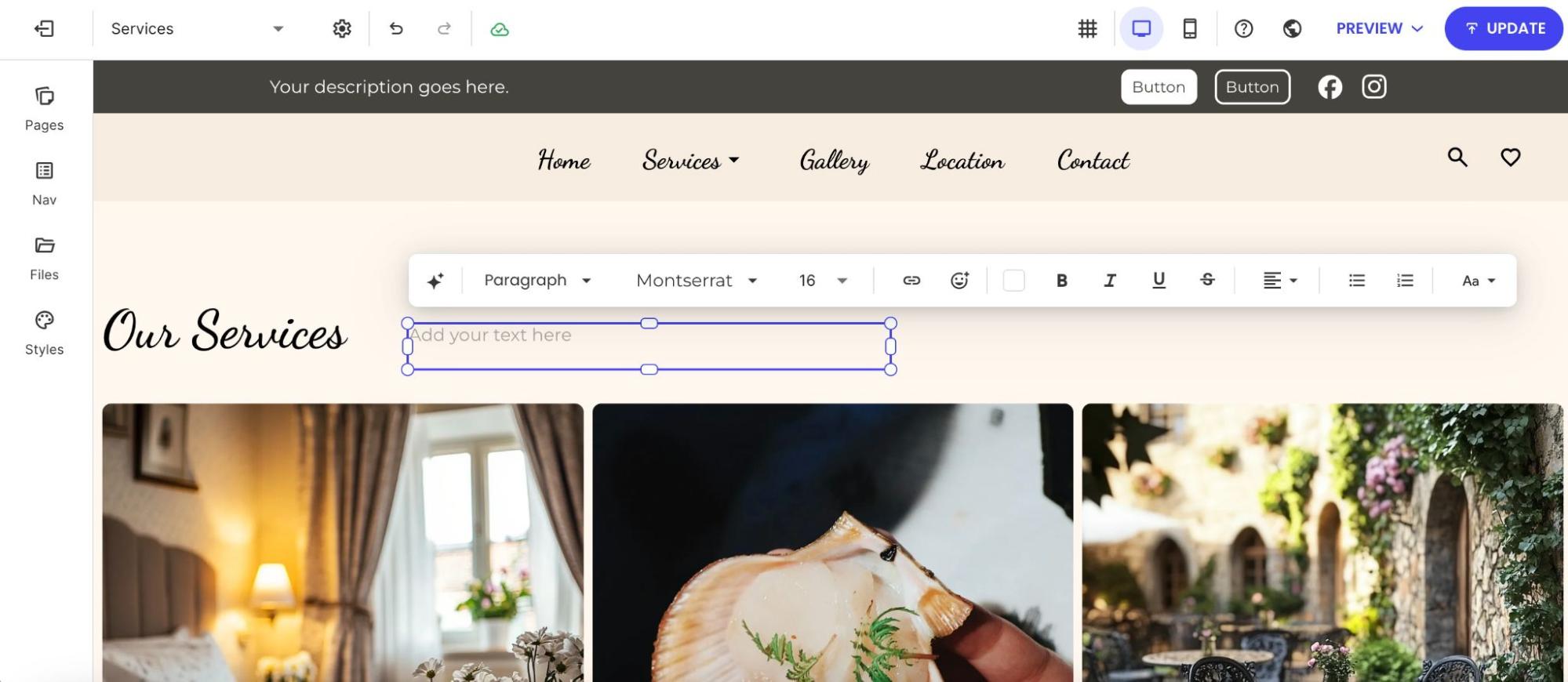 Text editing toolbar in the Website Builder used to customize font and alignment.
