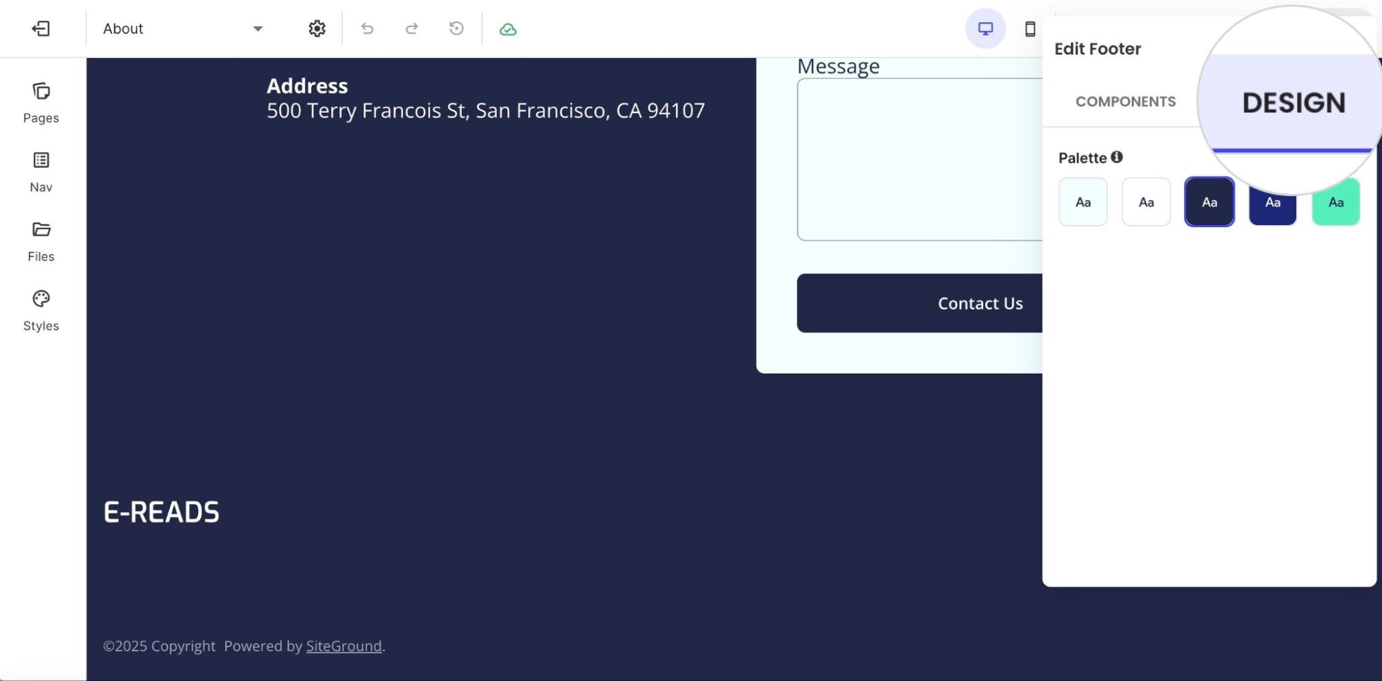 The Design tab of the Edit Footer panel in a website editor, showing color palette options and footer content.