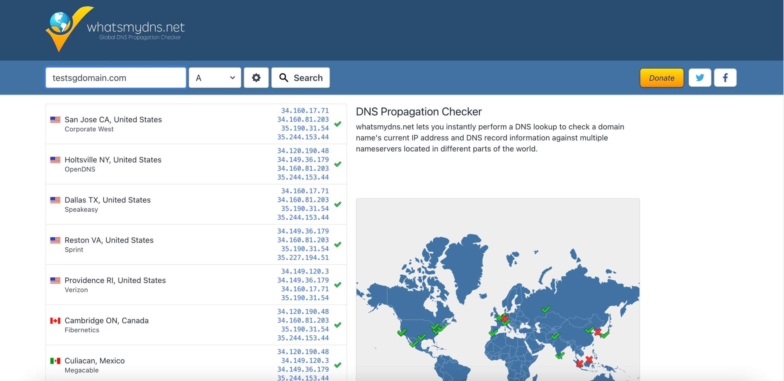 Outil de vérification DNS affichant les détails du système de noms de domaine (DNS) et résolvant les configurations de serveur.