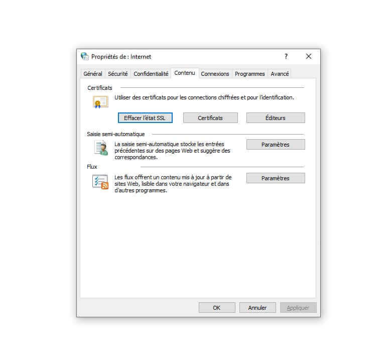 Fenêtre des Propriétés Internet sur Windows affichant l’onglet Contenu. La section comprend un bouton "Effacer l'état SSL" sous Certificats ainsi que des paramètres pour la saisie automatique et les flux.