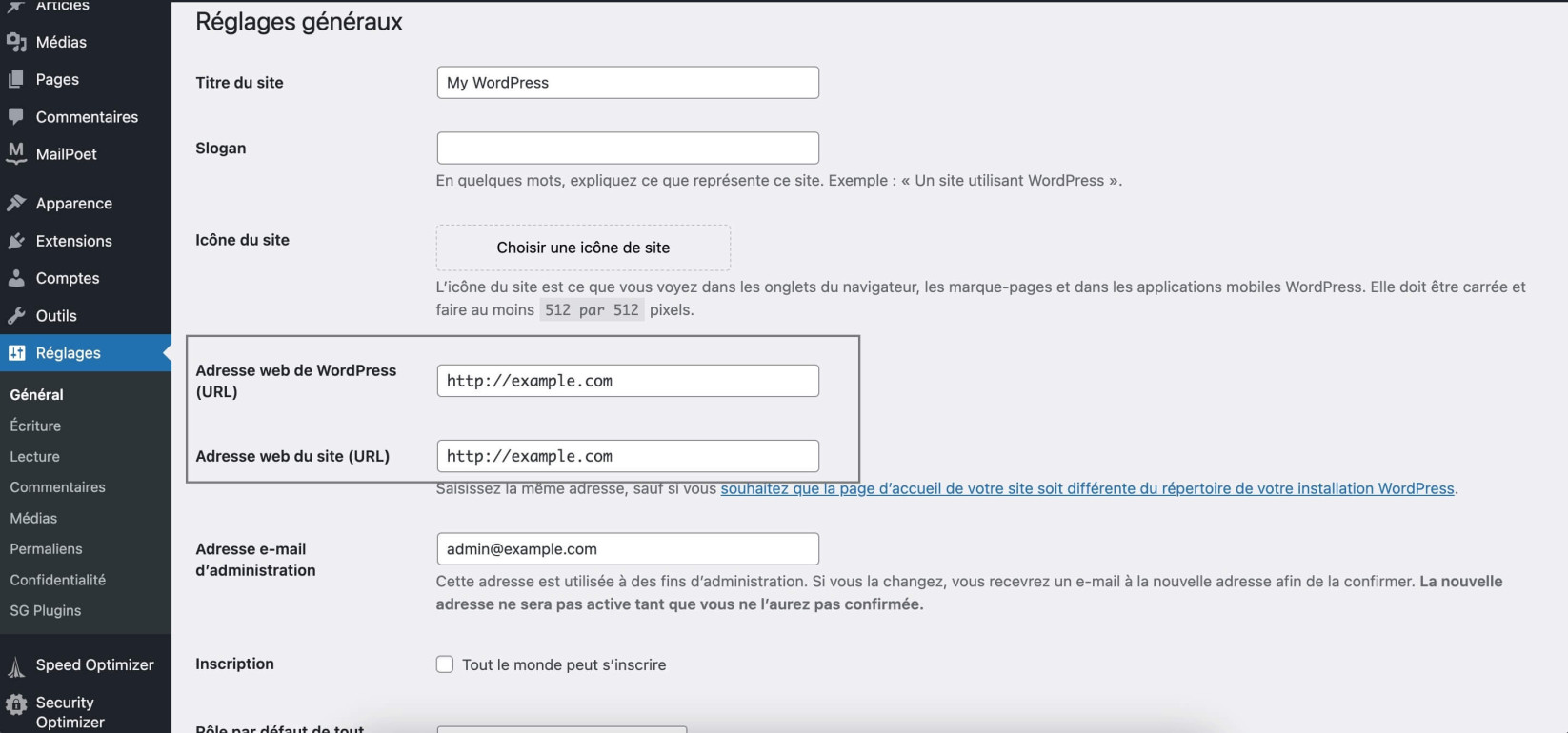 Capture d'écran de la page des paramètres généraux dans le tableau de bord de WordPress, avec une mise en évidence des champs Adresse du site web et Adresse de WordPress.
