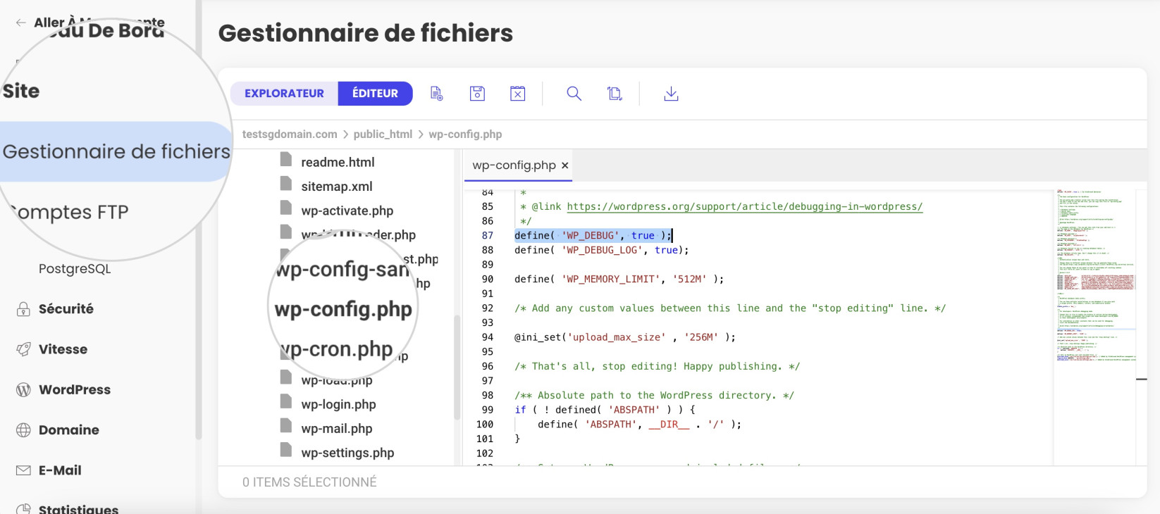 Capture d’écran de la définition d’activation du mode débogage dans wp-config.php