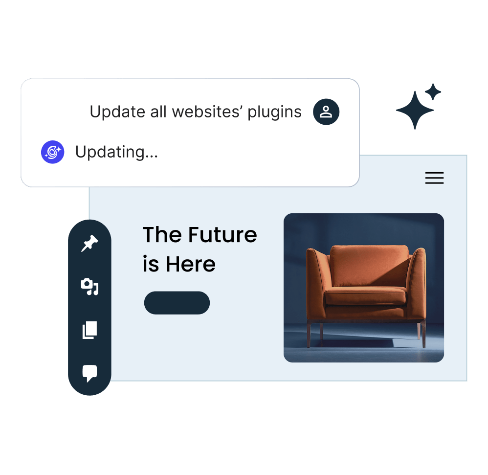A visualization of SiteGround AI Agent for WordPress, executing a bulk plugin update across multiple websites through a simple chat command