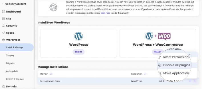 Disable WordPress plugins from Site Tools