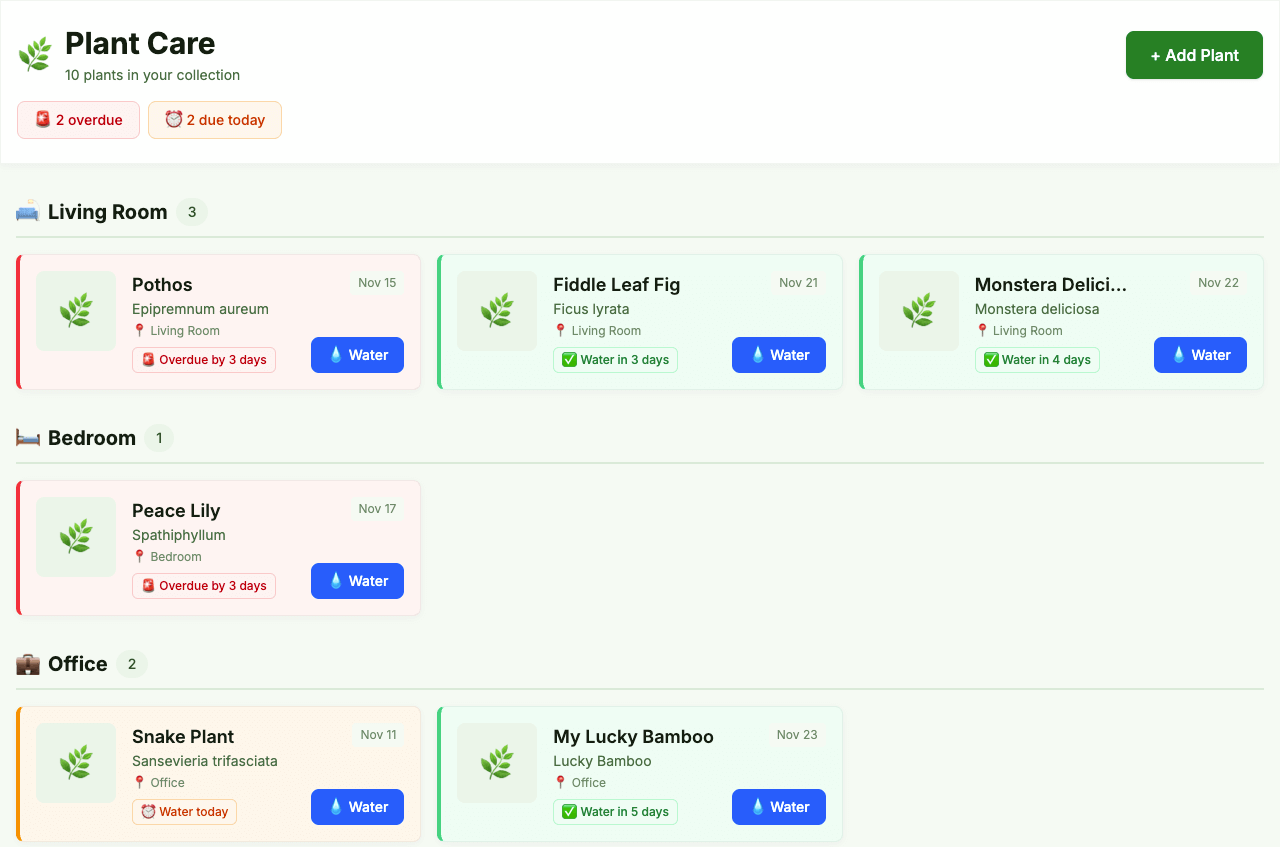 plant watering tracker – room-based plant list with clean interface with statuses, and photos