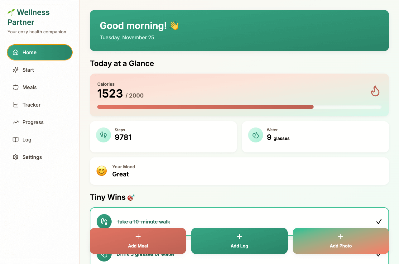 wellness tracker - space to log calories, sleep, and activity progress